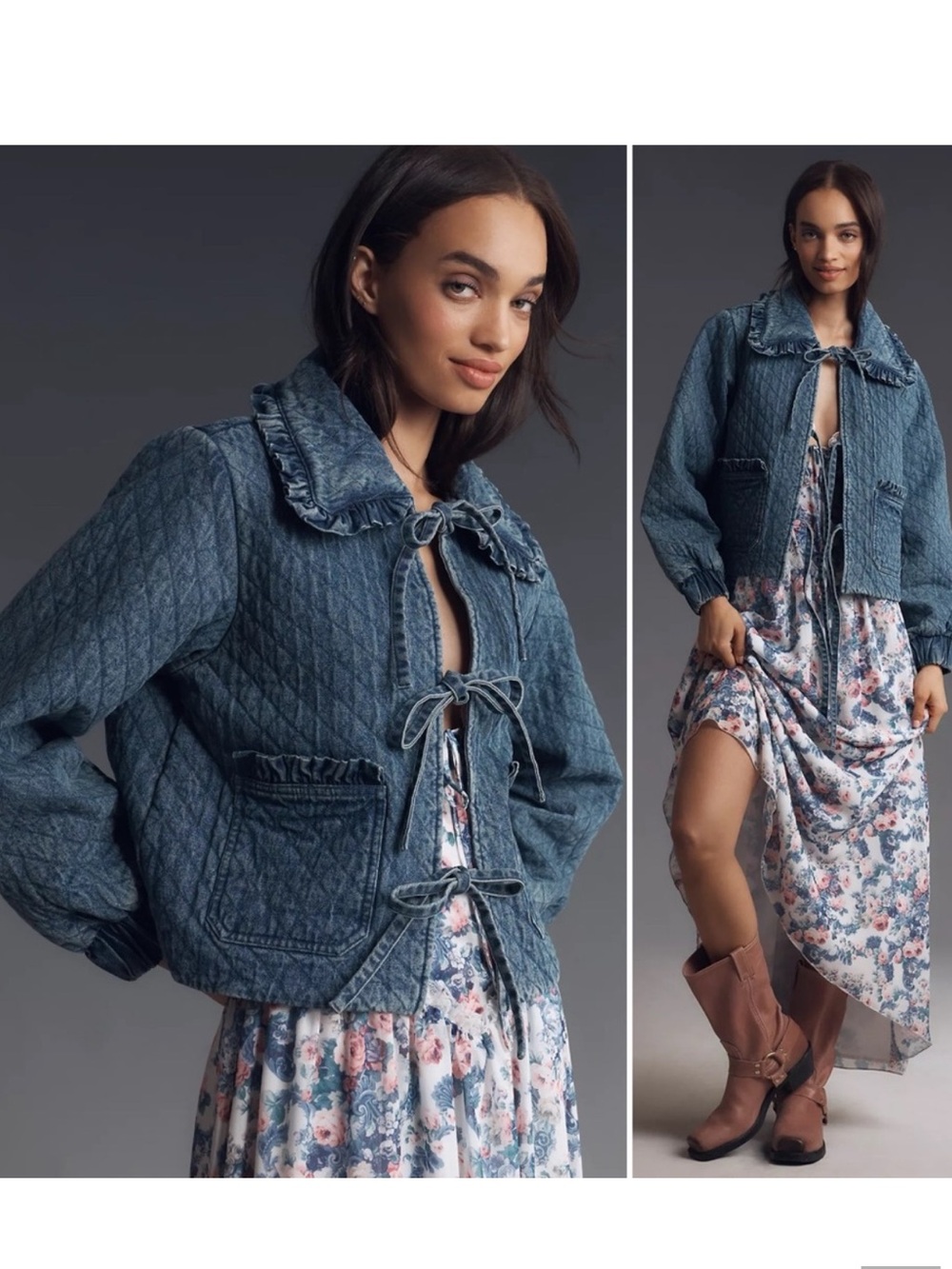 Avec Les Filles Quilted Denim Tie Bow Front Jacket NWT Size S